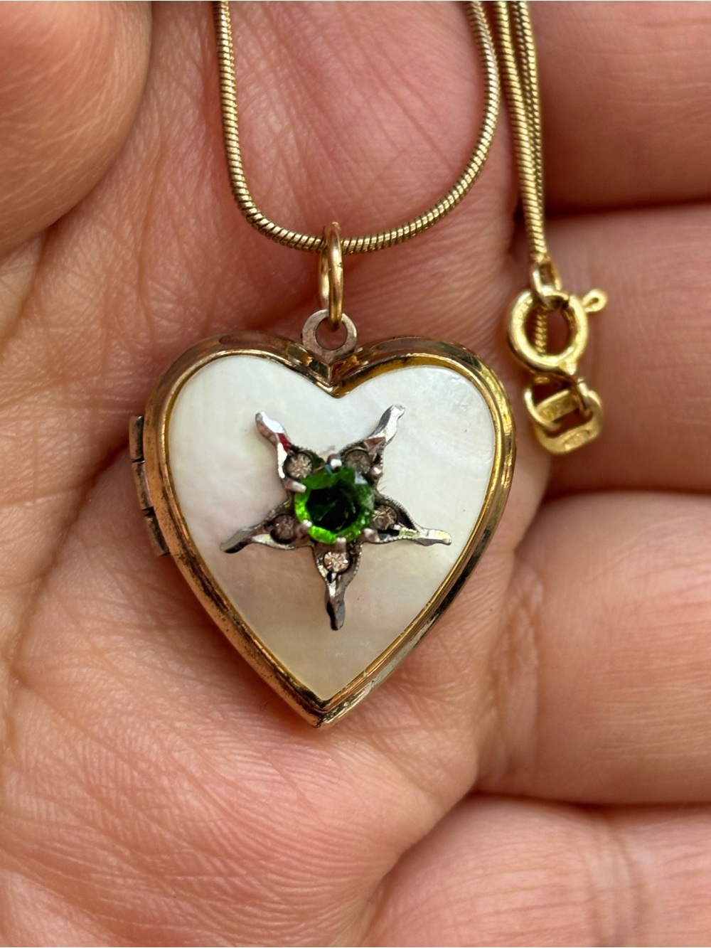 Vintage Heart Locket Necklace Gold Filled MOP Green Stone Woman’s Jewelry